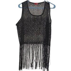 Black Crochet Fringe Tank Top 1X By Bongo 100% Polyester Sleeveless Semi-Sheer B